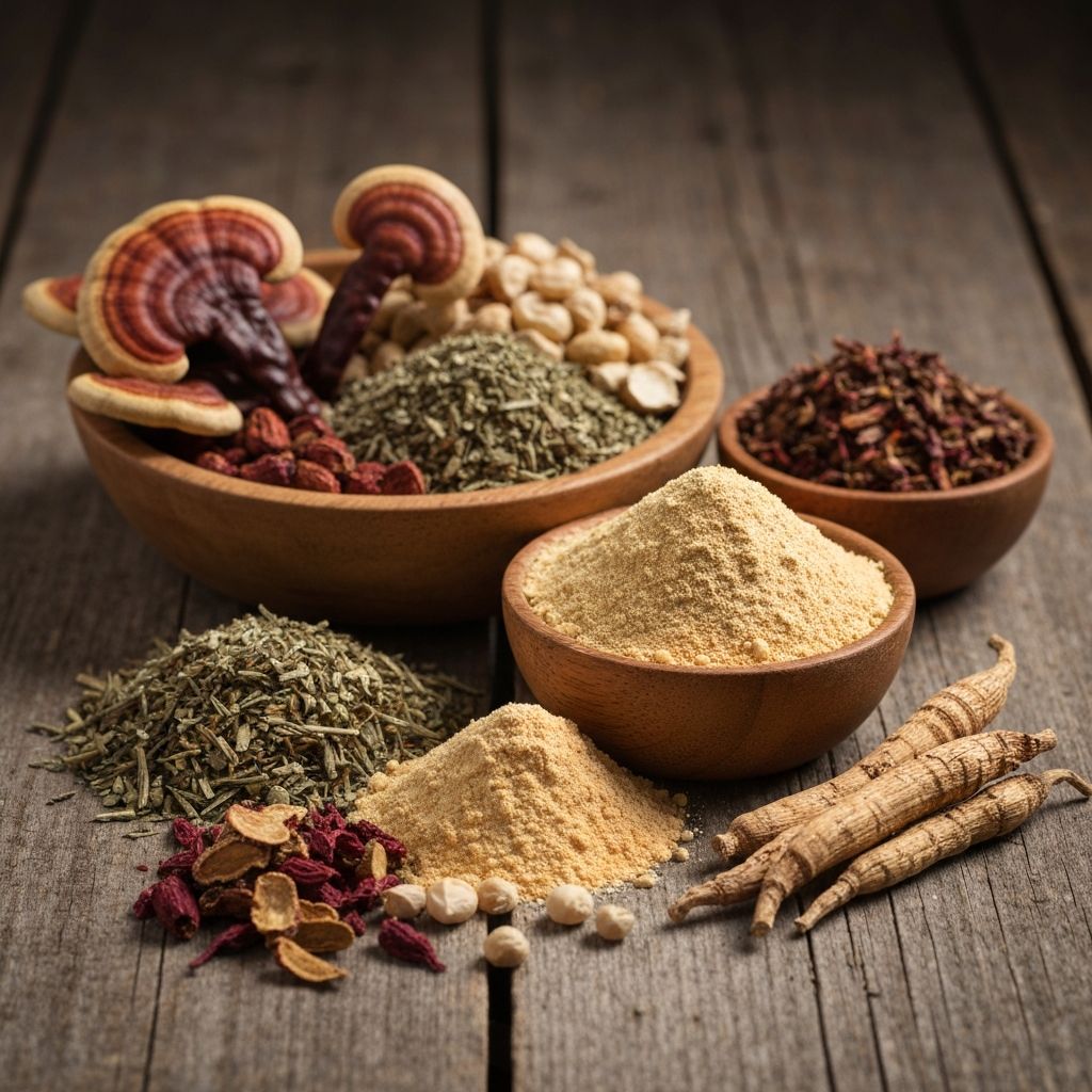 Mixed adaptogenic herbs and roots in wooden bowls