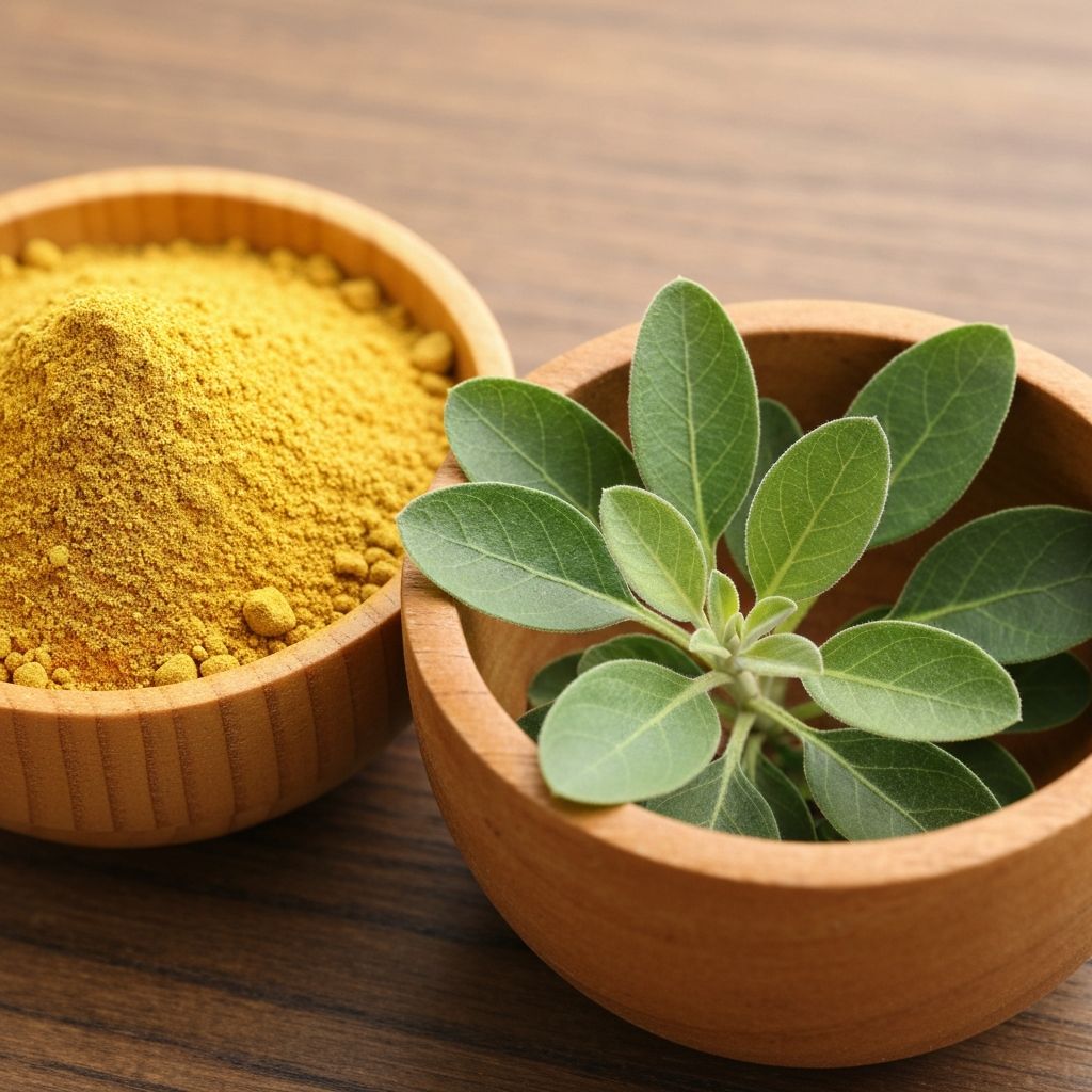 Ashwagandha root powder and fresh ashwagandha plant