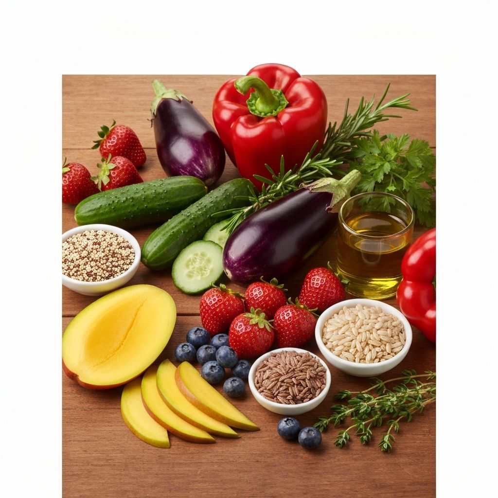 Fresh healthy foods - vegetables, fruits, and whole grains