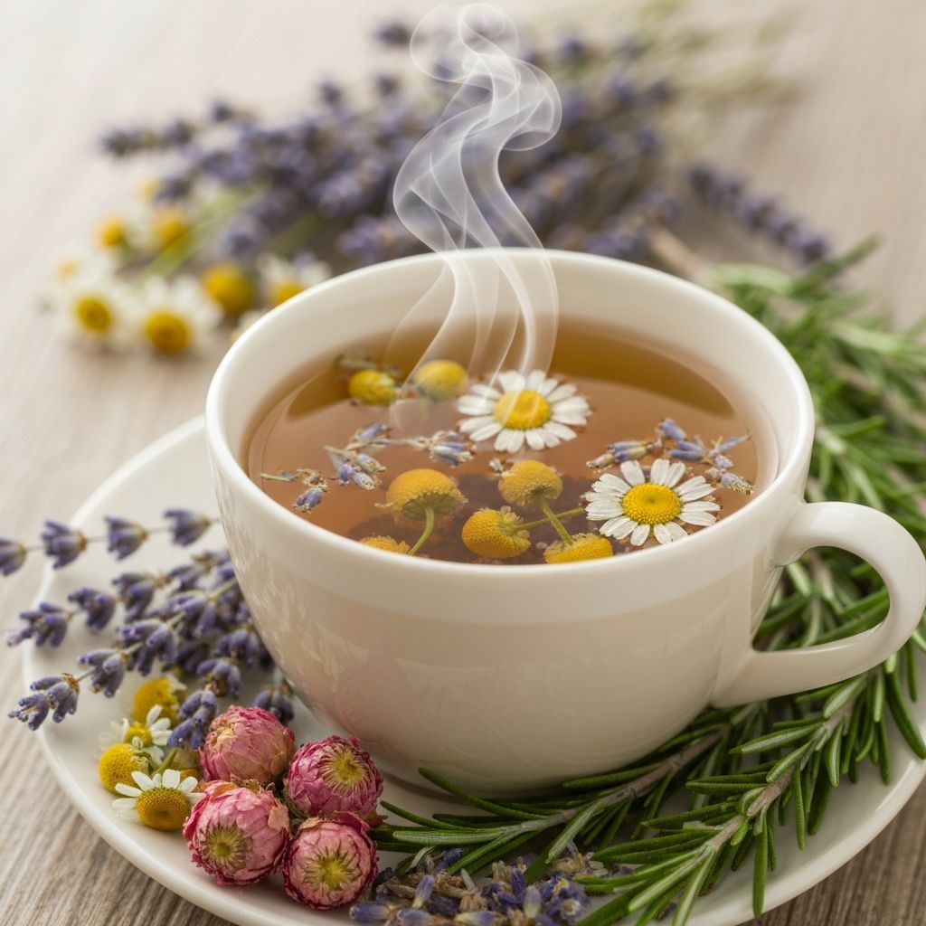 Cup of herbal tea with floating herbs and steam
